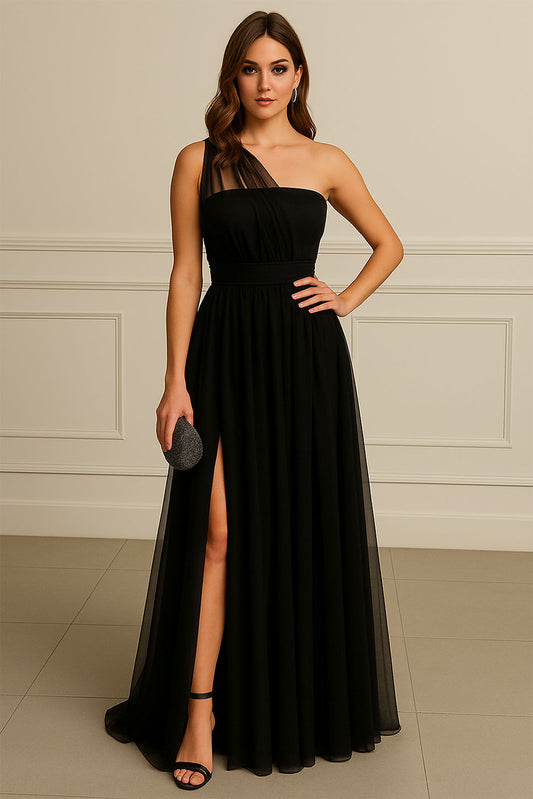 Abito Lungo In Chiffon Con Cintura Modello Impero Vestito Elegante In Nero - 1113Out