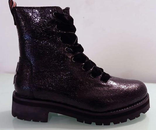 Scarpe Stivaletto Originali Shop★Art Nere con Zip Effetto Laminato Stella Argento Laccio Velluto Nero - 18690N