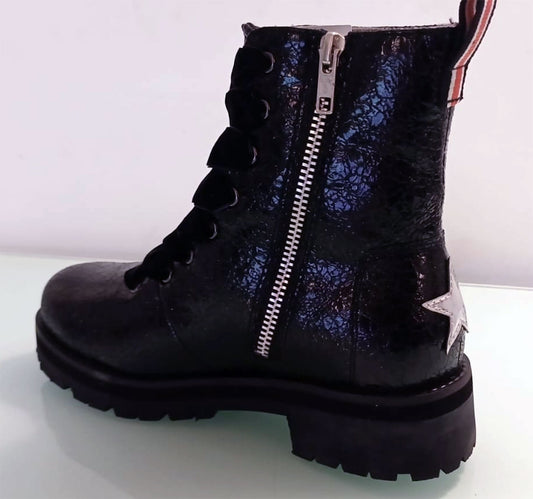 Scarpe Stivaletto Originali Shop★Art Nere con Zip Effetto Laminato Stella Argento Laccio Velluto Nero - 18690N