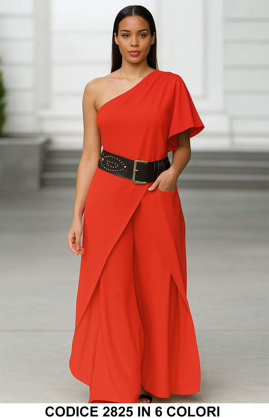 Tuta Donna Cocktail Lunga Gamba Larga Jumpsuit Casual Monospalla Manica Corta in 5 Colori - 2825