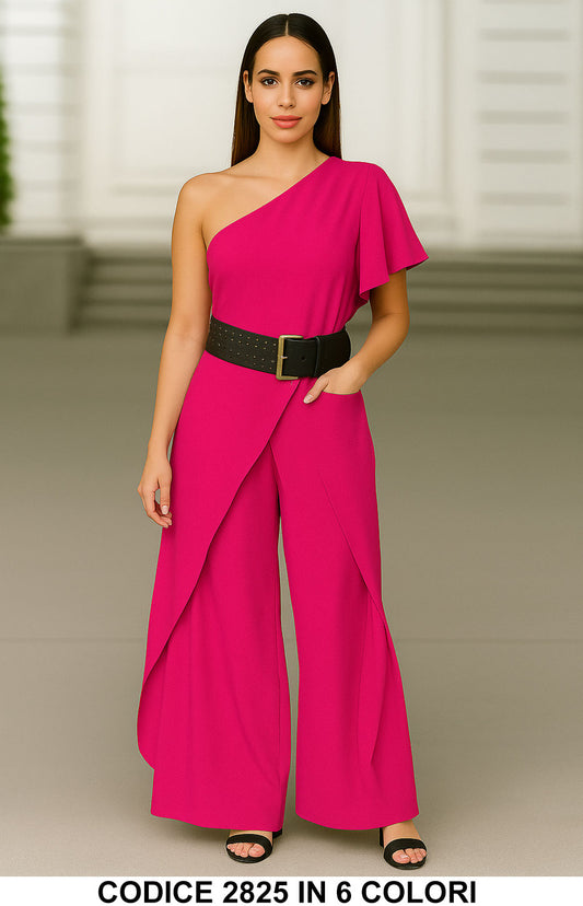 Tuta Donna Cocktail Lunga Gamba Larga Jumpsuit Casual Monospalla Manica Corta in 5 Colori - 2825