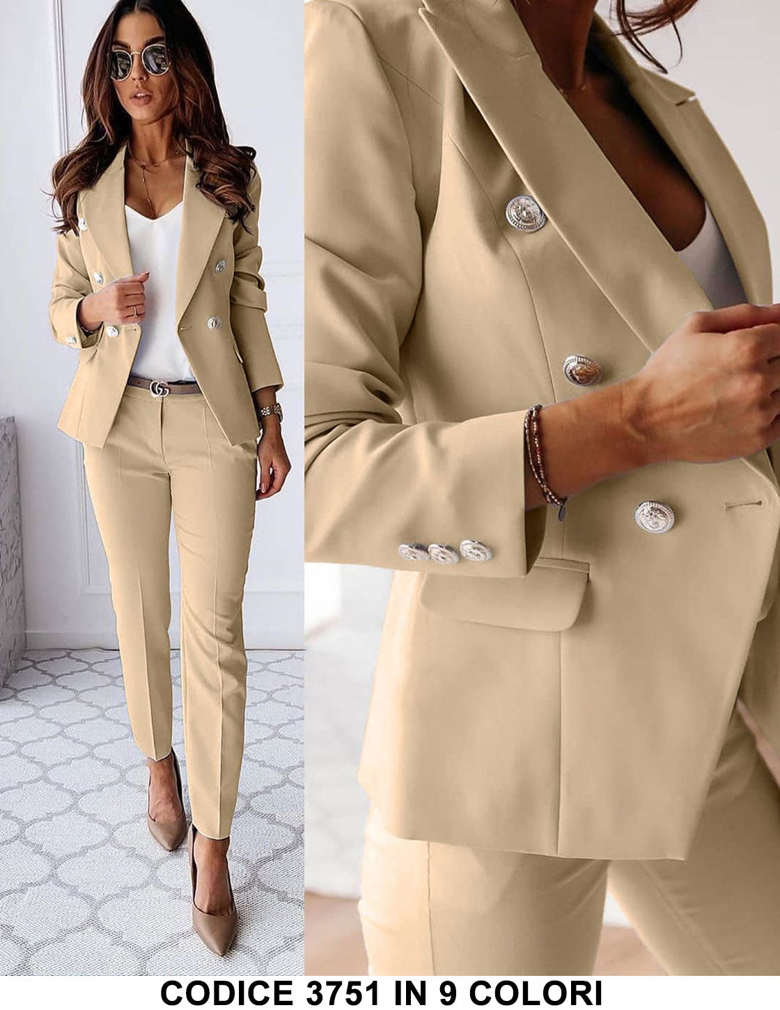 Tailleur Giacca E Pantaloni Eleganti Completo Donna Cerimonia 2 Pezzi Con Bottoni Oro In 2 Colori - 3751Out Tailleur Giacca E Pantaloni Eleganti Completo Donna Cerimonia 2 Pezzi Con Bottoni Oro In 2 Colori - 3751Out