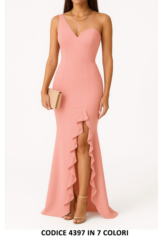Abito Lungo Monospalla Da Cerimonia Elegante Spacco Con Rouche Vestito Chic In 2 Colori - 4397Out