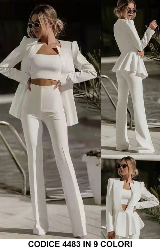 Tailleur 3 Pezzi Giacca Top E Pantaloni Zampa Completo Elegante Coordinato Casual In 3 Colori - 4483Out