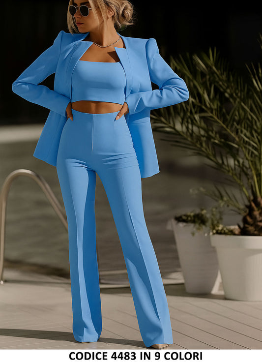 Tailleur 3 Pezzi Giacca Top E Pantaloni Zampa Completo Elegante Coordinato Casual In 3 Colori - 4483Out