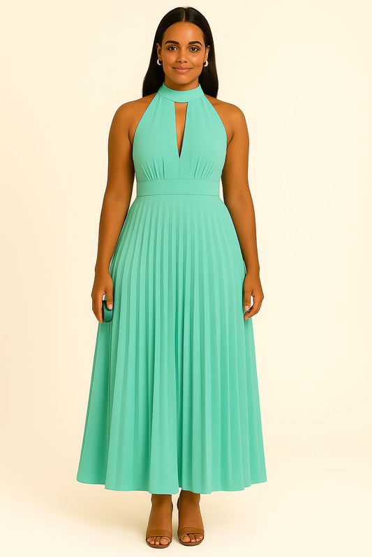 Vestito Lungo Da Cerimonia Elegante Increspato Allacciatura Al Collo Scollo V In Verde Tiffany- 4985Out