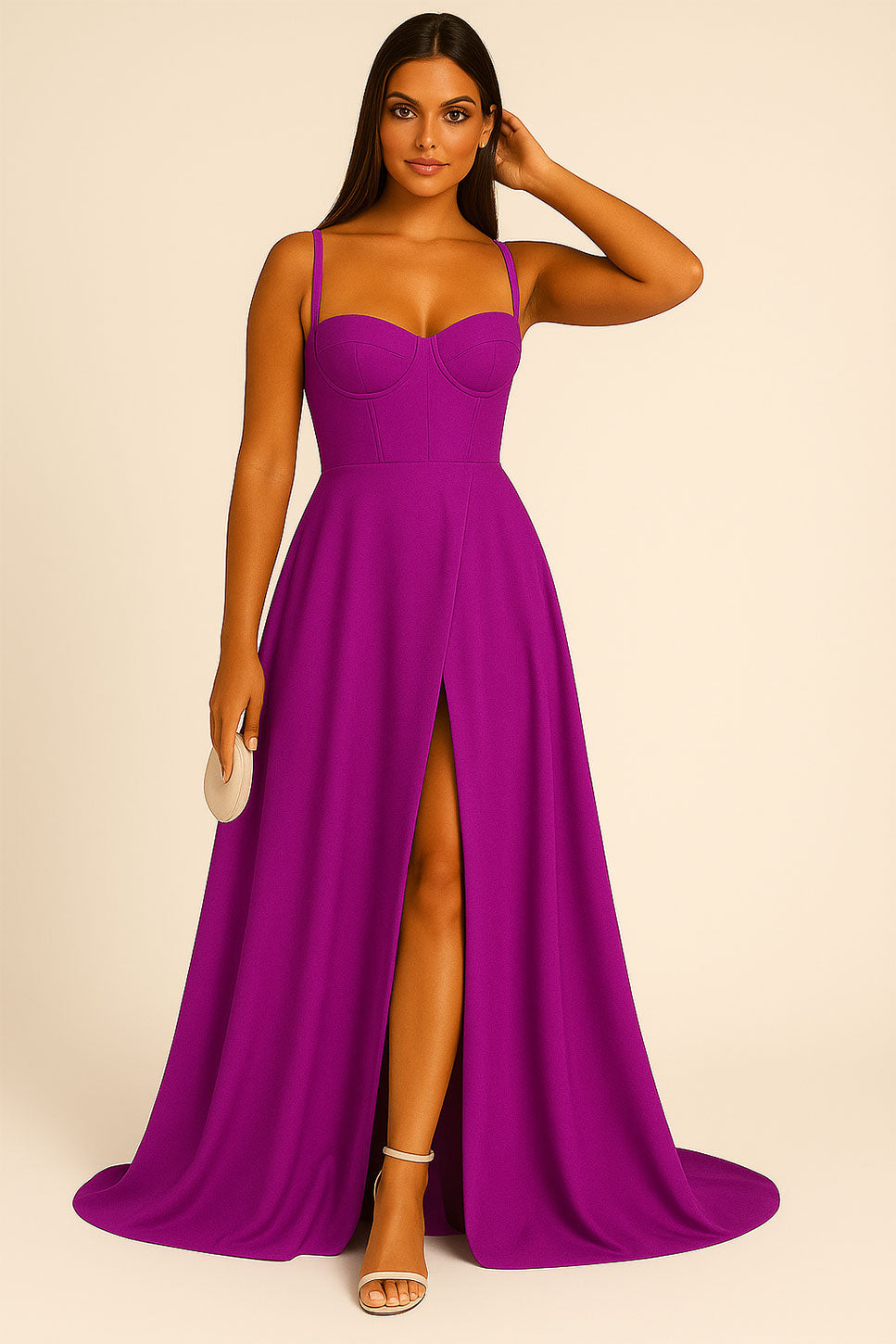 Abito Lungo Elegante da Cerimonia Spacco Centrale Bustino con Bretelle Vestito Evento in 11 Colori - 5373 Abito Lungo Elegante da Cerimonia Spacco Centrale Bustino con Bretelle Vestito Evento in 11 Colori - 5373