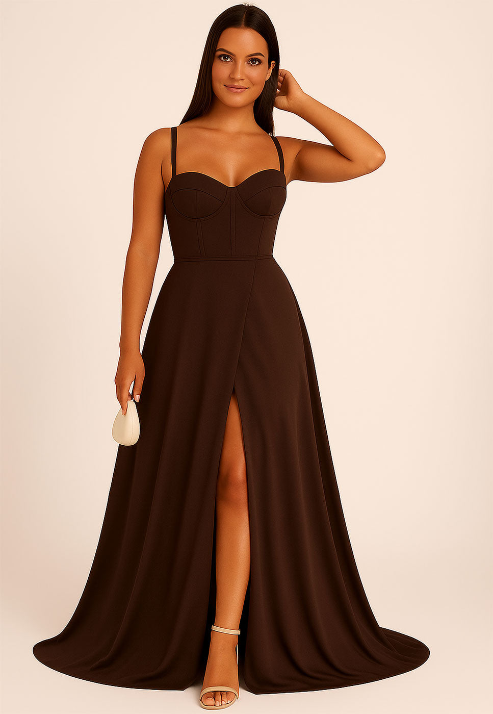 Abito Lungo Elegante da Cerimonia Spacco Centrale Bustino con Bretelle Vestito Evento in 11 Colori - 5373 Abito Lungo Elegante da Cerimonia Spacco Centrale Bustino con Bretelle Vestito Evento in 11 Colori - 5373