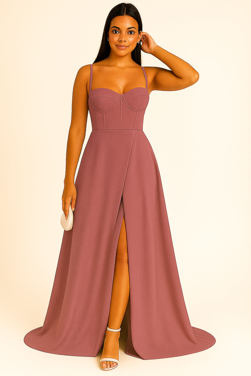 Abito Lungo Elegante da Cerimonia Spacco Centrale Bustino con Bretelle Vestito Evento in 11 Colori - 5373 Abito Lungo Elegante da Cerimonia Spacco Centrale Bustino con Bretelle Vestito Evento in 11 Colori - 5373