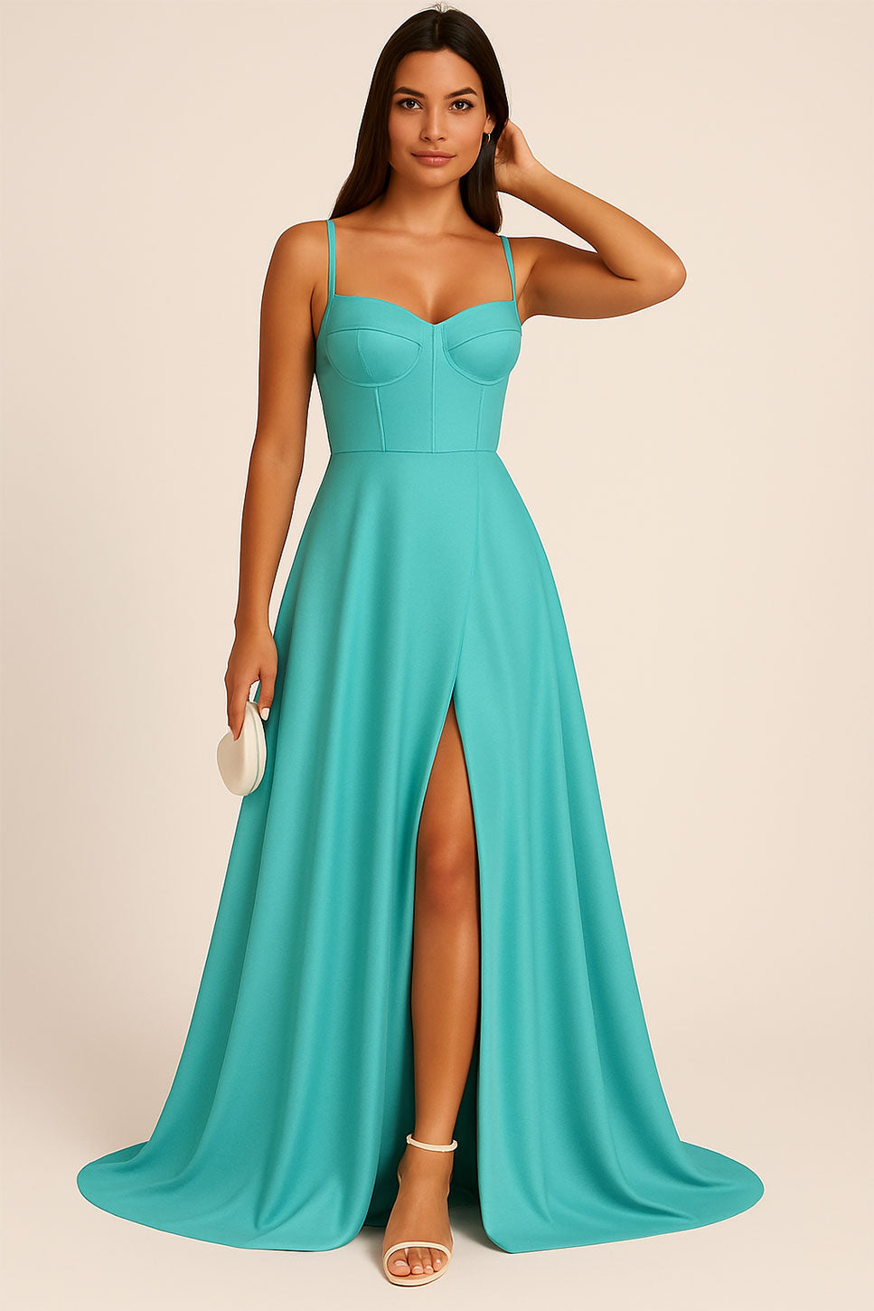 Abito Lungo Elegante da Cerimonia Spacco Centrale Bustino con Bretelle Vestito Evento in 11 Colori - 5373 Abito Lungo Elegante da Cerimonia Spacco Centrale Bustino con Bretelle Vestito Evento in 11 Colori - 5373