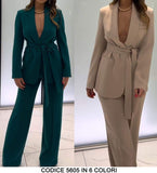 Tailleur Completo Giacca Lunga con Cintura Pantalone Zampa Coordinato Donna Elegante Casual in 9 Colori - 5605