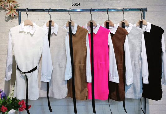 Maglia Smanicata con Camicia Bianca Casual e Cintura Completo Coordinato in 3 Colori - 5624