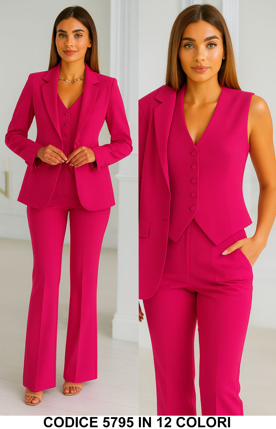 Tailleur 3 Pezzi Giacca Gilet Pantalone Donna Elegante Casual Completo Coordinato in 13 Colori - 5795 Tailleur 3 Pezzi Giacca Gilet Pantalone Donna Elegante Casual Completo Coordinato in 13 Colori - 5795