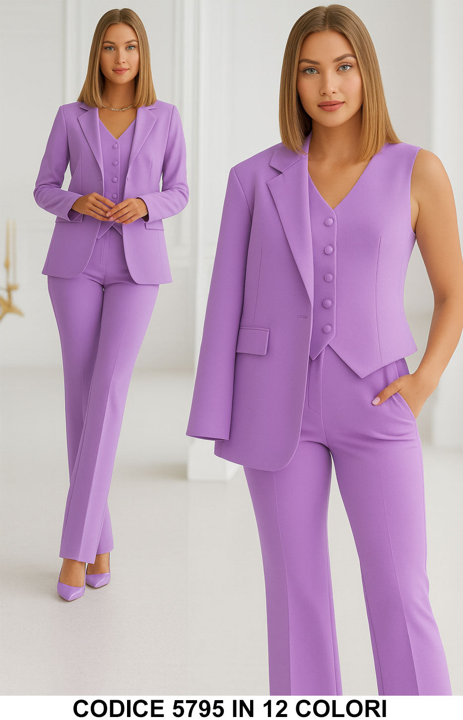 Tailleur 3 Pezzi Giacca Gilet Pantalone Donna Elegante Casual Completo Coordinato in 13 Colori - 5795 Tailleur 3 Pezzi Giacca Gilet Pantalone Donna Elegante Casual Completo Coordinato in 13 Colori - 5795