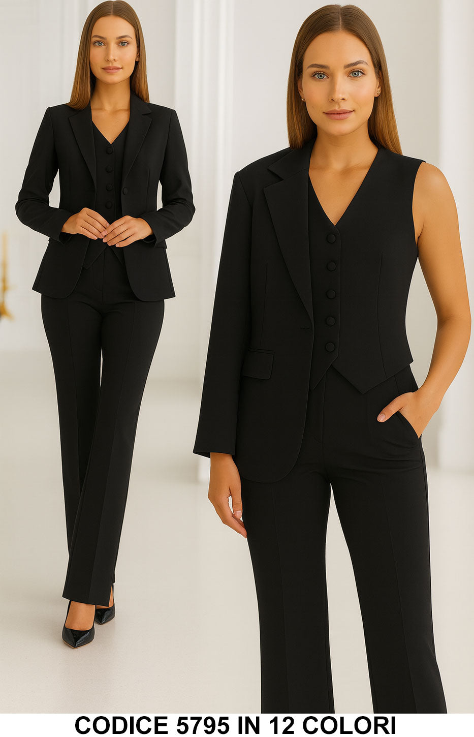 Tailleur 3 Pezzi Giacca Gilet Pantalone Donna Elegante Casual Completo Coordinato in 13 Colori - 5795 Tailleur 3 Pezzi Giacca Gilet Pantalone Donna Elegante Casual Completo Coordinato in 13 Colori - 5795