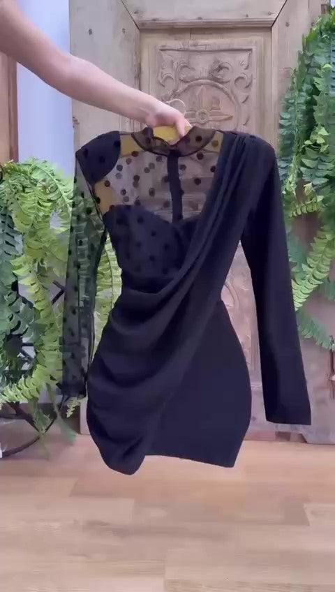 Abito Corto Elegante da Serata Cerimonia Nero con Pois Vestito Metà Nero Metà Pois Casual - 5837