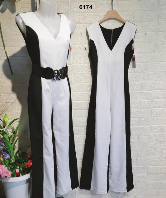 Tuta Intera Elegante da Cerimonia Bicolore Bianca e Nera Jumpsuit Smanicata con Cintura Gioiello - 6174Out