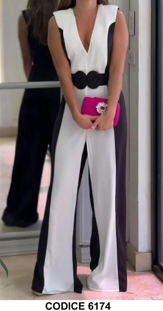 Tuta Intera Elegante da Cerimonia Bicolore Bianca e Nera Jumpsuit Smanicata con Cintura Gioiello - 6174Out