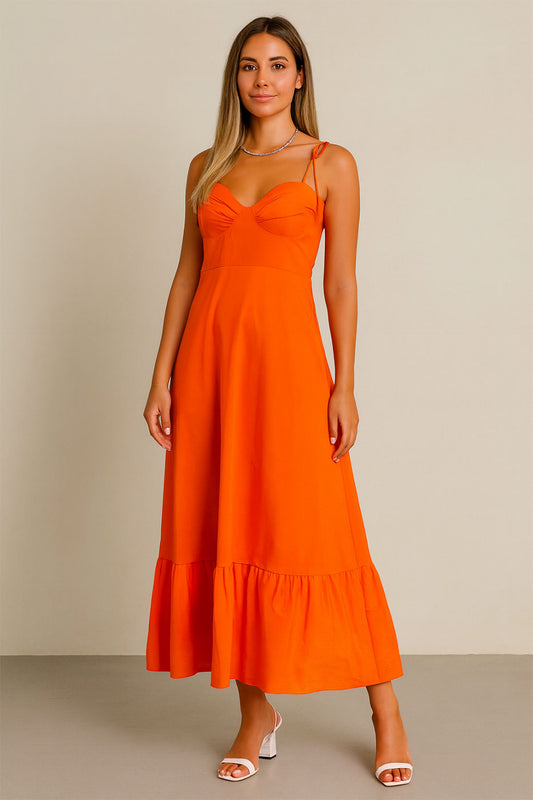 Abito Lungo Party con Balza Bretelline Vestito Casual Estate Leggero in Arancione - 6541Out