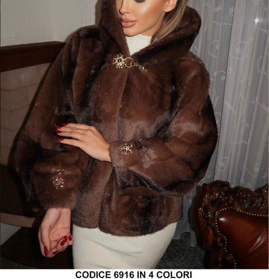 Giubbotto eco Pelliccia con cappuccio e dettagli gioiello Alta Qualità Elegante Casual in 4 colori – 6916