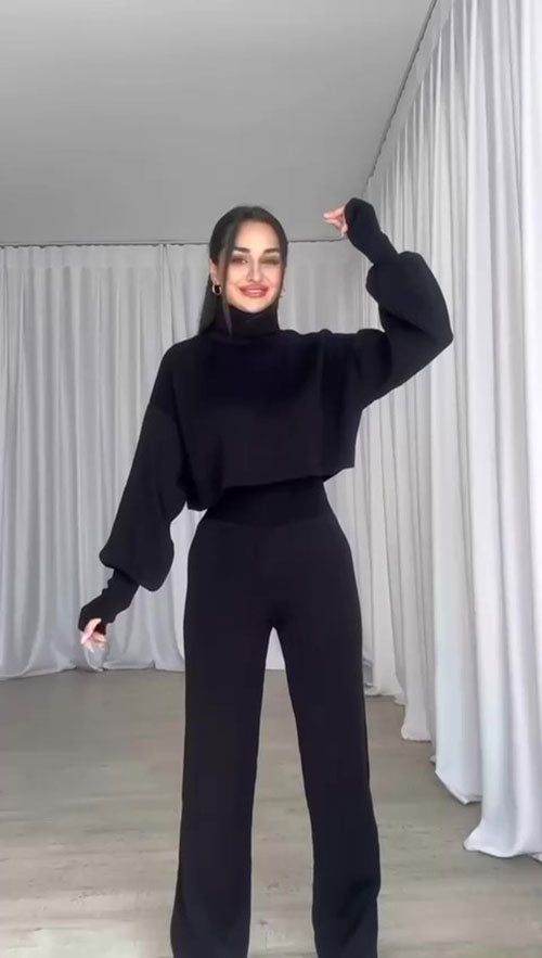 Completo Casual Maglia Collo Alto Manica a Campana Tuta Sportiva Coordinato Tessuto Morbido in Grigio - 6971Out