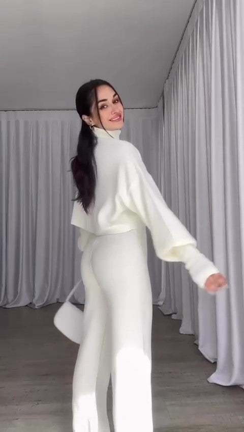 Completo Casual Maglia Collo Alto Manica a Campana Tuta Sportiva Coordinato Tessuto Morbido in Grigio - 6971Out