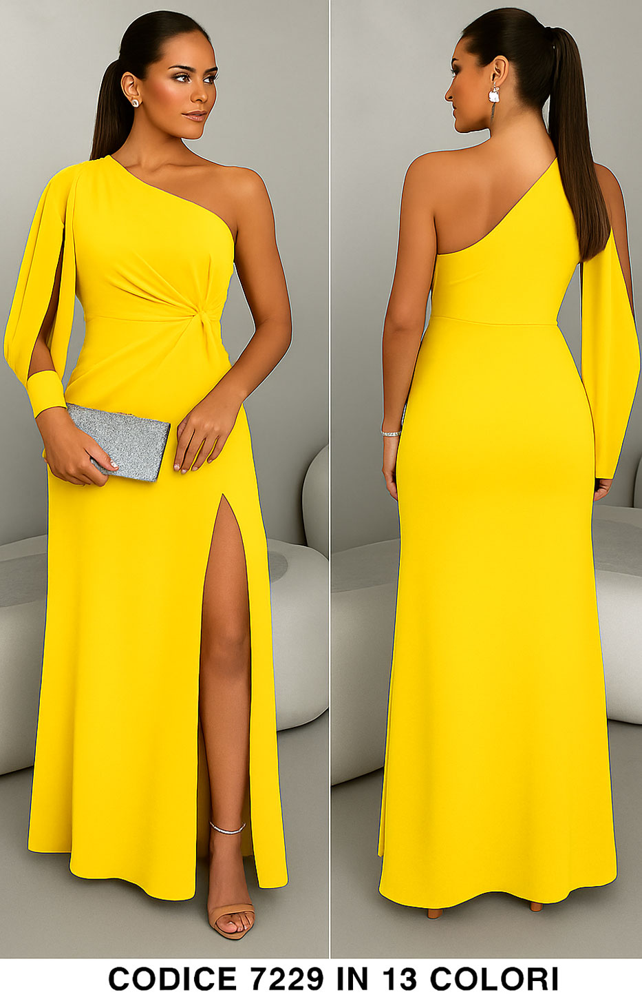 Abito Lungo Elegante da Cerimonia Monospalla Manica Aperta Spacco Laterale Vestito Serata in 8 Colori - 7229 Abito Lungo Elegante da Cerimonia Monospalla Manica Aperta Spacco Laterale Vestito Serata in 8 Colori - 7229