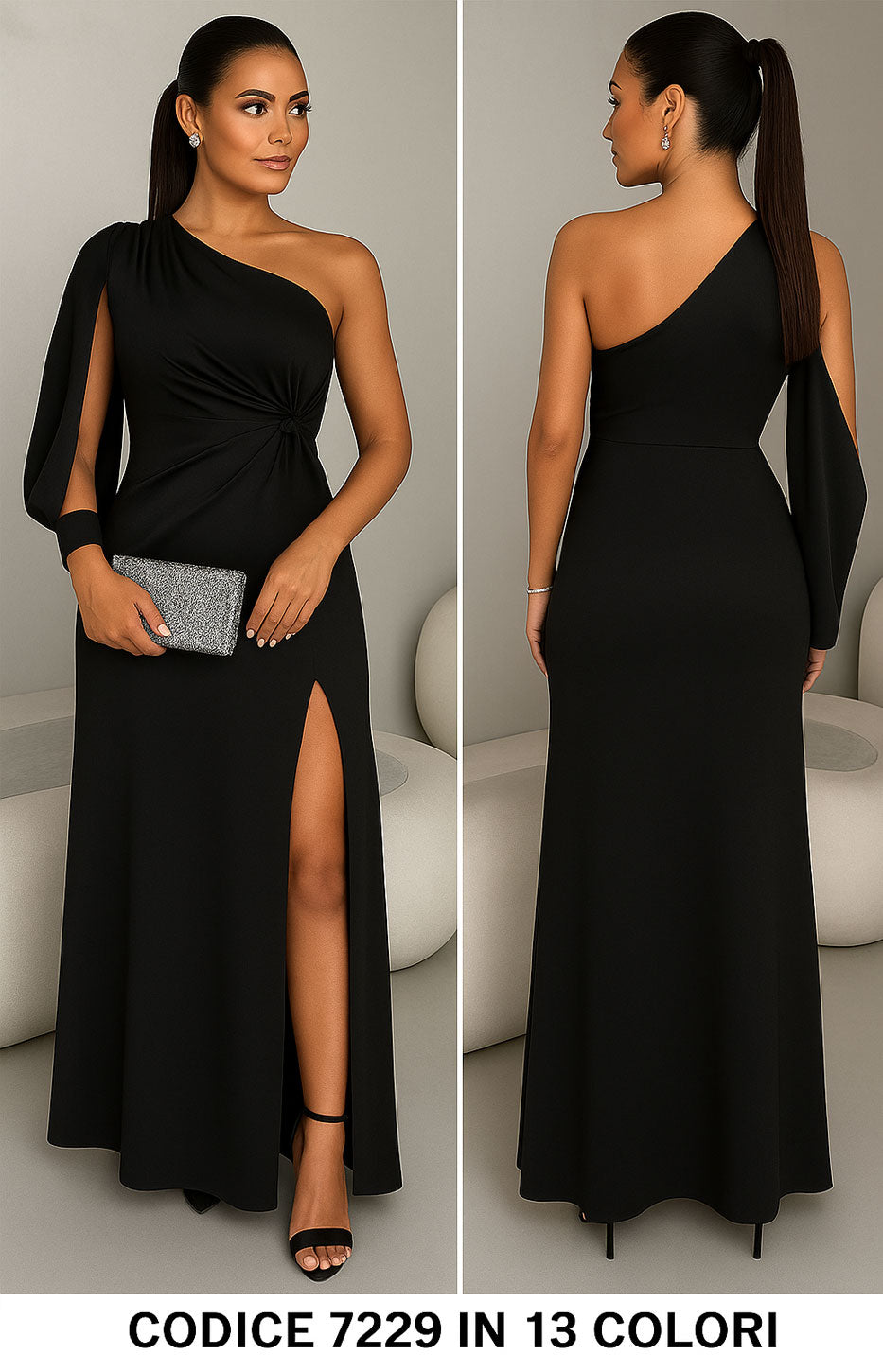 Abito Lungo Elegante da Cerimonia Monospalla Manica Aperta Spacco Laterale Vestito Serata in 8 Colori - 7229 Abito Lungo Elegante da Cerimonia Monospalla Manica Aperta Spacco Laterale Vestito Serata in 8 Colori - 7229