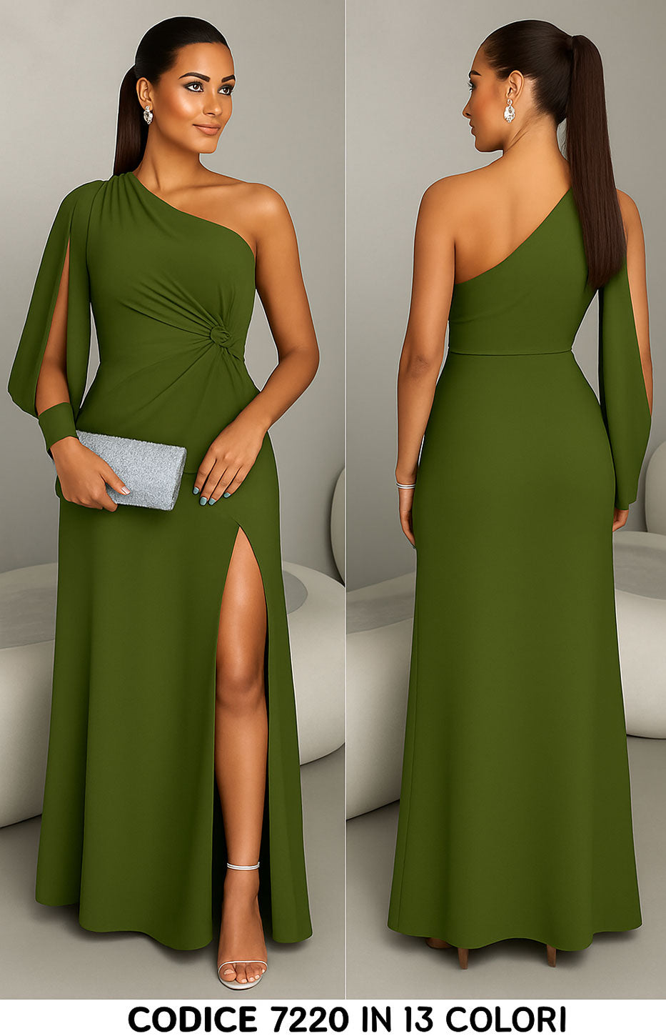 Abito Lungo Elegante da Cerimonia Monospalla Manica Aperta Spacco Laterale Vestito Serata in 8 Colori - 7229 Abito Lungo Elegante da Cerimonia Monospalla Manica Aperta Spacco Laterale Vestito Serata in 8 Colori - 7229