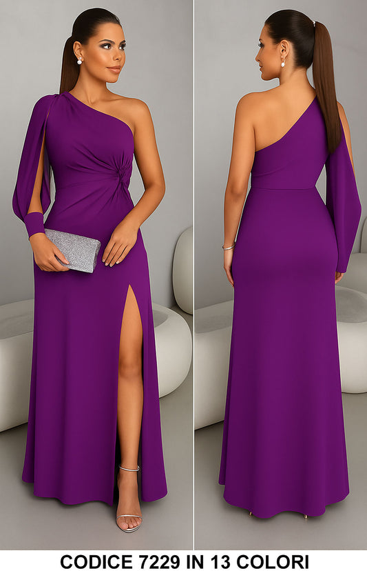 Abito Lungo Elegante da Cerimonia Monospalla Manica Aperta Spacco Laterale Vestito Serata in 12 Colori - 7229