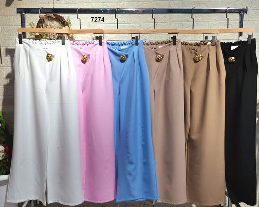 Pantalone Donna Palazzo con Bottone Gioiello Dorato Chiusura Asimmetrica Pantaloni Elastico in Celeste - 7274Out