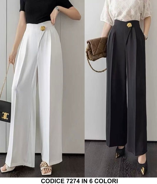 Pantalone Donna Palazzo con Bottone Gioiello Dorato Chiusura Asimmetrica Pantaloni Elastico in Celeste - 7274Out