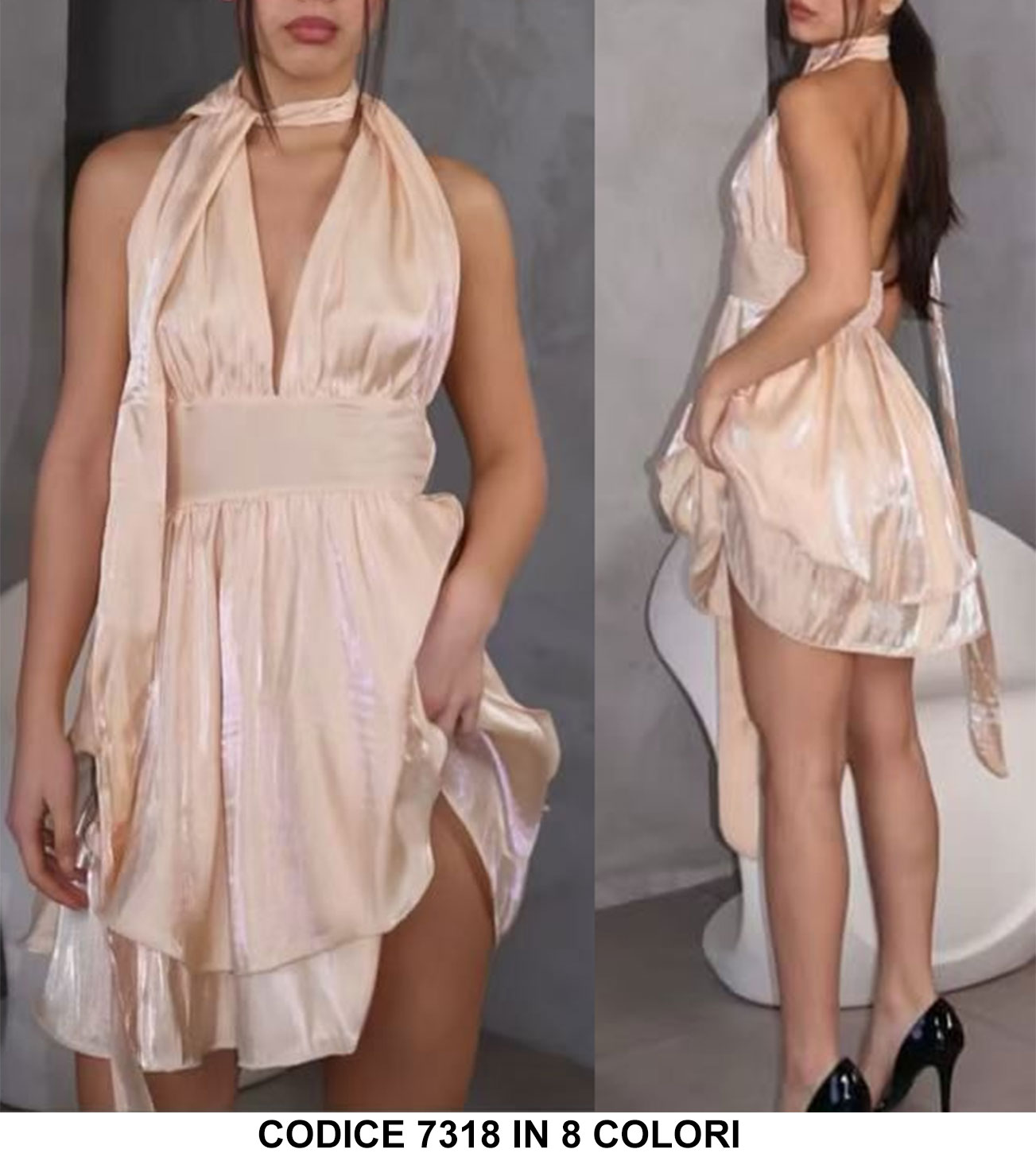 Abito Corto Elegante Effetto Perlato Scollo V allacciato al Collo Vestito con Veli Fascia in Vita in Beige - 7318Out Abito Corto Elegante Effetto Perlato Scollo V allacciato al Collo Vestito con Veli Fascia in Vita in Beige - 7318Out