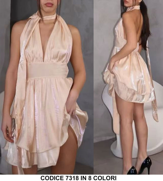 Abito Corto Elegante Effetto Perlato Scollo V allacciato al Collo Vestito con Veli Fascia in Vita in Beige - 7318Out