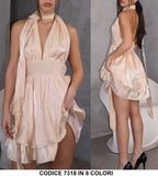 Abito Corto Elegante Effetto Perlato Scollo V allacciato al Collo Vestito con Veli Fascia in Vita in Beige - 7318Out Abito Corto Elegante Effetto Perlato Scollo V allacciato al Collo Vestito con Veli Fascia in Vita in Beige - 7318Out