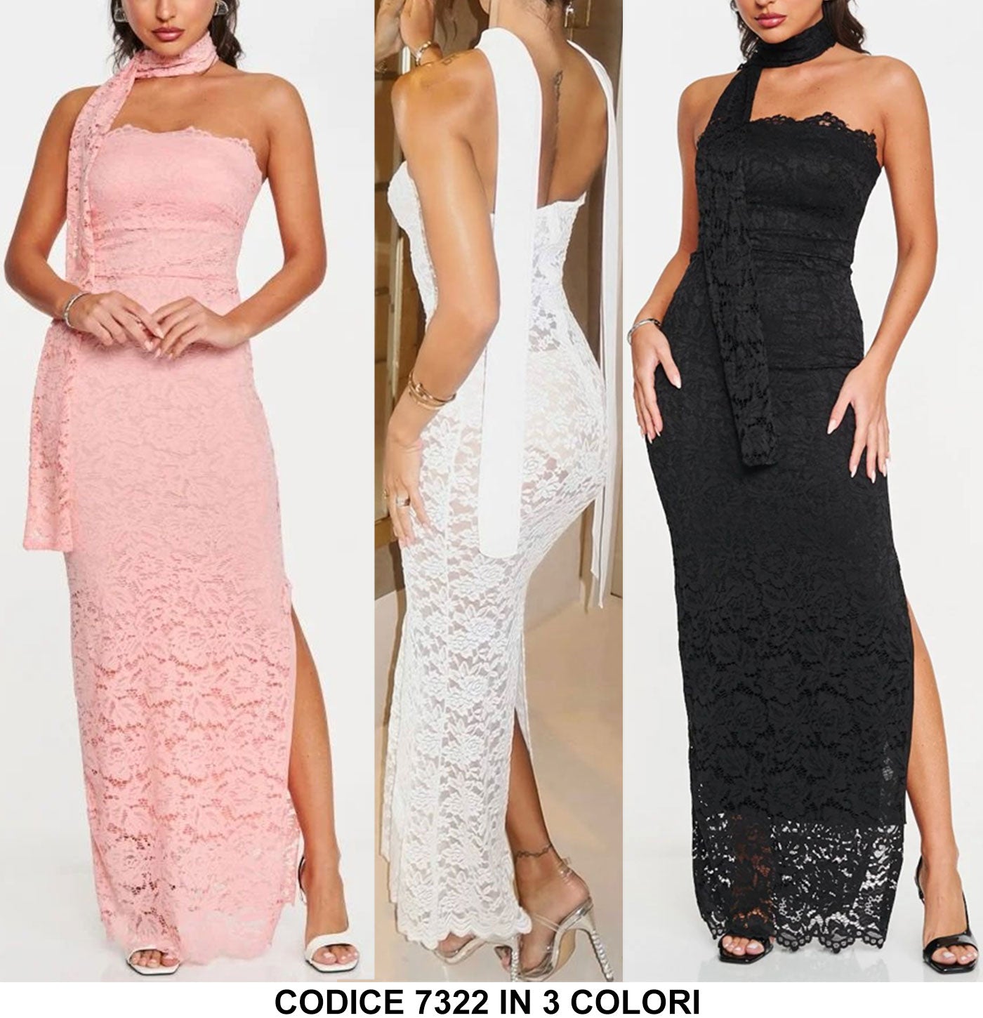 Abito Da Sera Donna Senza Spalle In Pizzo - Vestito Cocktail Elegante Con Spacco - Foto 5