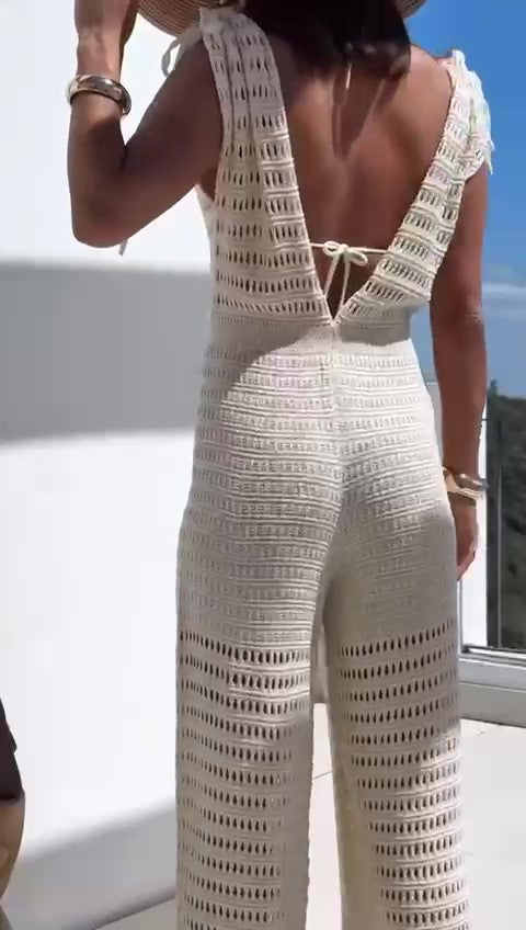 Tuta Casual Intera Estate Smanicata Scollo V Pantalone Palazzo Copricostume Traforato in Beige - 7534Out