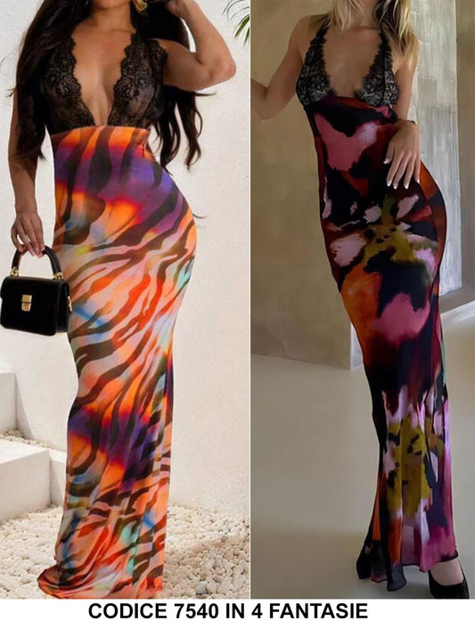 Abito Lungo Elegante Multicolore Corpetto Merletto Nero Scollo V Vestito Effetto Sirena - 7540Out