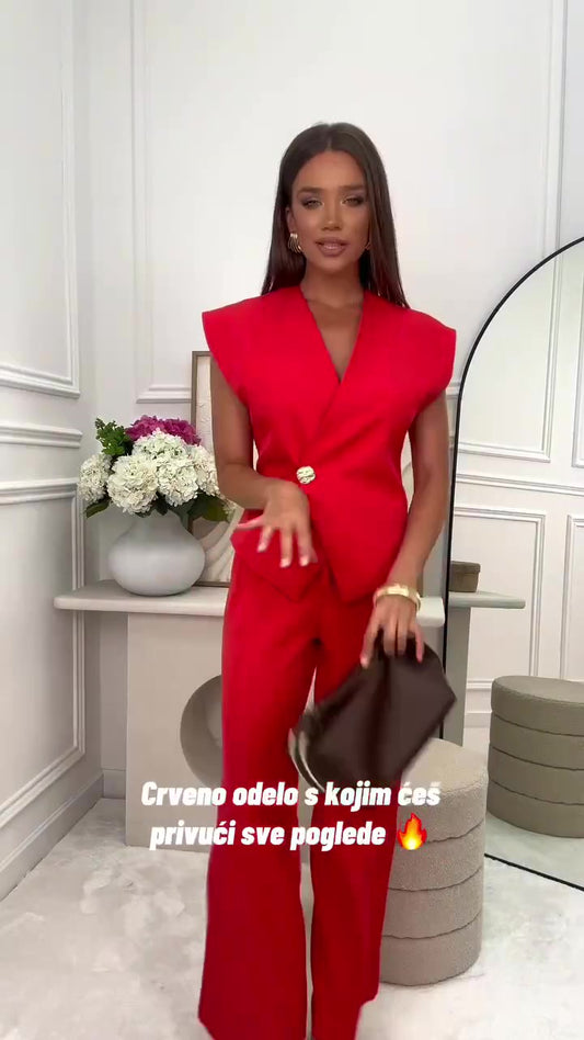 Completo Elegante Maglia Smanicata Bottone Gioiello Dorato Pantalone Palazzo Coordinato Tailleur in Bianco - 7585Out