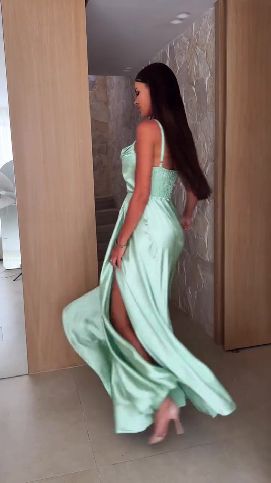 Abito lungo elegante in raso con spalline sottili Vestito Elegante Cerimonia Evento in Verde Tiffany - 7591Out