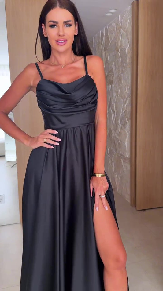 Abito lungo elegante in raso con spalline sottili Vestito Elegante Cerimonia Evento in Verde Tiffany - 7591Out