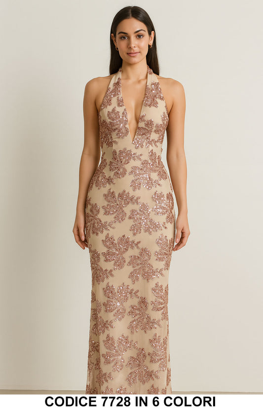 Abito Lungo Elegante in Paillettes con Scollo Profondo – Vestito da Cerimonia o Sera in Beige Champagne – 7728Out