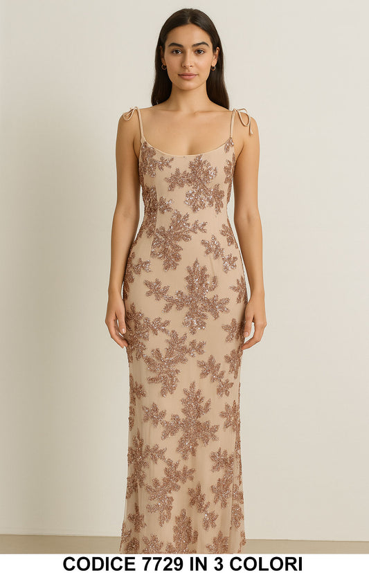 Abito Lungo Elegante in Paillettes con Spalline a Fiocco Vestito da Cerimonia in Nero – 7729Out