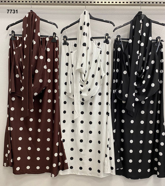 Completo Elegante 3 Pezzi a Pois – Top con Fiocco, Gonna Lunga e Sciarpa in Nero – 7731Out