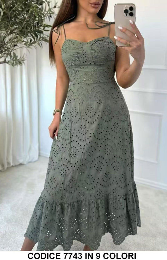 Abito lungo sangallo con spalline sottili Vestito Casual Romantico in Verde Militare – 7743Out