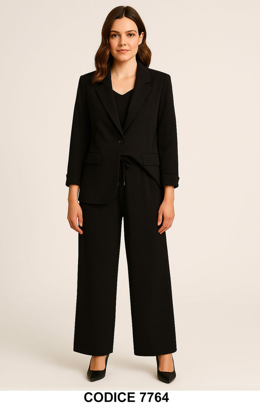 Completo Donna Nero Giacca Monopetto con risvolto e Pantalone con Coulisse Tailleur Stile Casual Chic - 7764Out