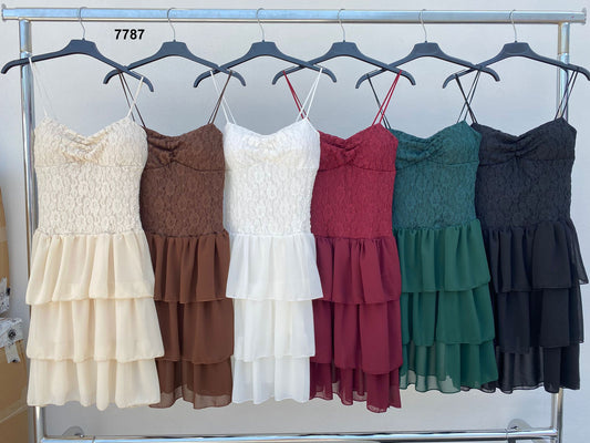 Vestito corto in pizzo con balze e spalline sottili Abito Evento Apertitivo in Nero - 7787Out