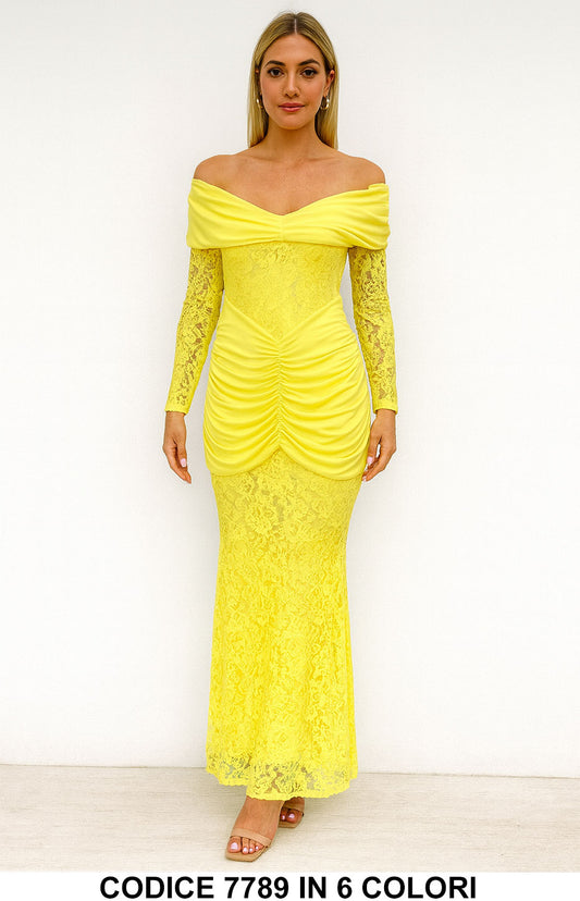 Abito lungo in pizzo con maniche lunghe e spalle scoperte Vestito Arricciatura frontale in Bianco - 7789Out