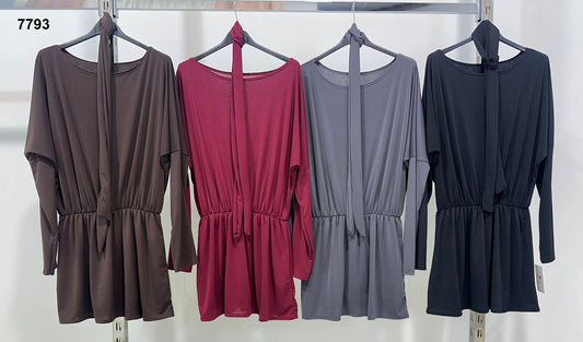 Vestito corto con coulisse e maniche lunghe Abito Casual Manica Lunga in 4 colori - 7793