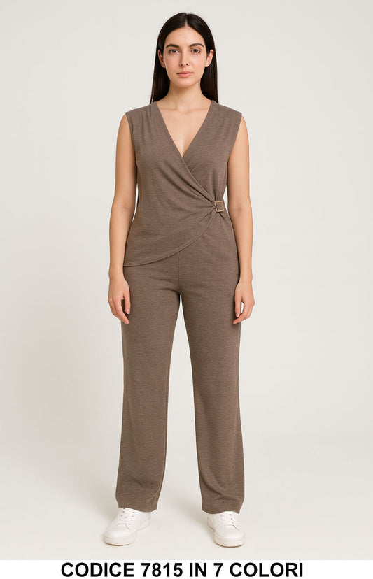 Completo smanicato con top incrociato e fibbia pantalone palazzo Completo Tailleur Coordinato in 7 colori – 7815